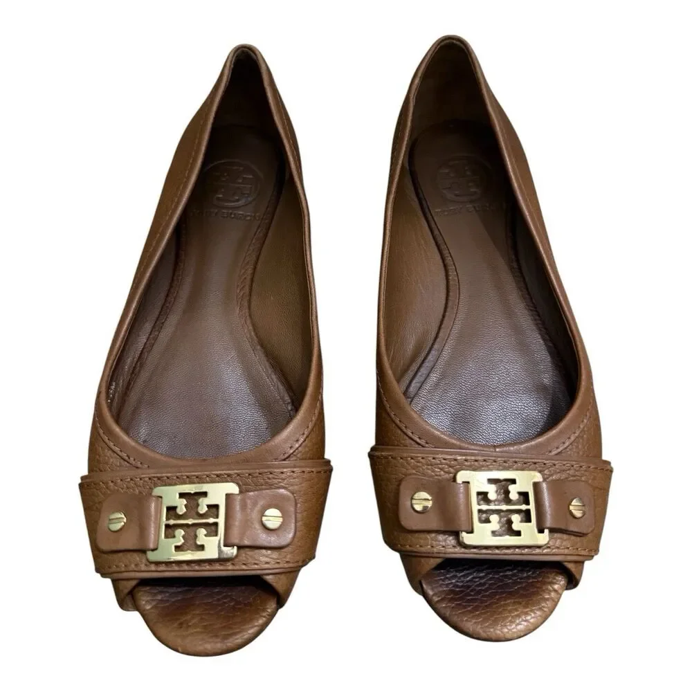 Tori Burch Brown Pebble Leather Cline Peep-Toe Flats Women's Size 7.5 $225